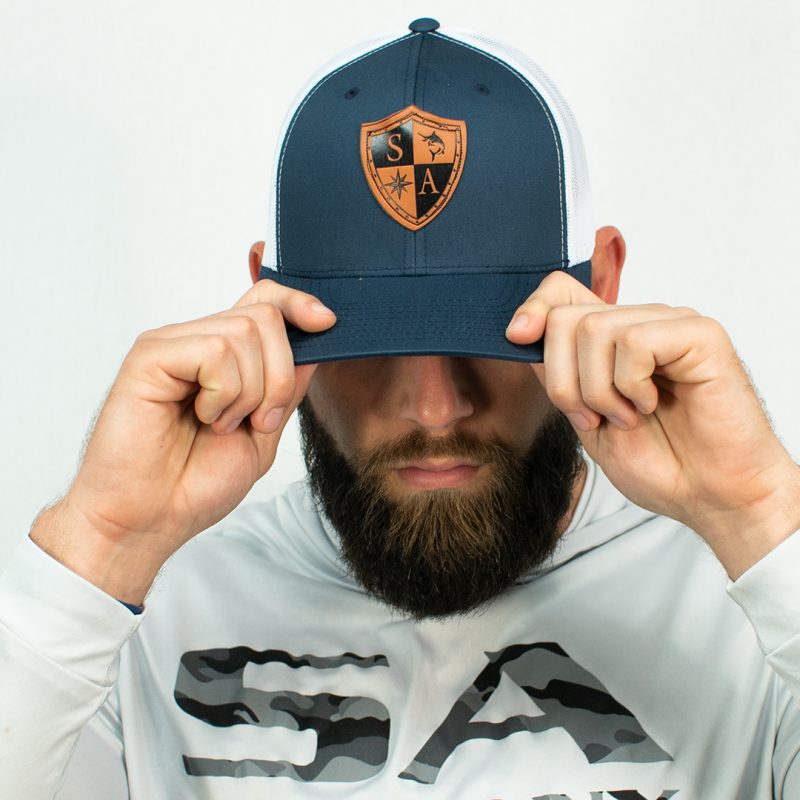 Snap Back Hat | Navy & White Leather - Crazy Mask